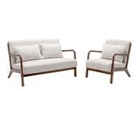 Banquette 2 places + Fauteuil bouclette en bois d'hévéa teinté noyer clair