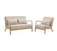 sweeek | Banquette 2 places + Fauteuil en bois et tissu beige Beige G