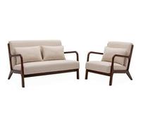 Canapé droit Sweeek Banquette 2 places + Fauteuil en bois et tissu beige bois d'hévéa teinté noyer clair