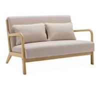 Banquette 2 places scandinave en bois et tissu beige. Lorens. L 124 x P 83 x H 77cm