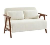 sweeek - Banquette canapé Convertible 2 Places Bois d'hévéa teinté Noyer Clair et Bouclette texturée Blanche L 133 x P 81 x 84cm - Sven