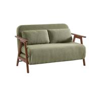 sweeek - Banquette canapé Convertible 2 Places Bois d'hévéa teinté Noyer Clair et Bouclette texturée Kaki L 133 x P 81 x 84cm - Sven