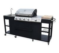 swe arbecue cuisine extérieure gaz - D'Artagnan - Barbecue 5 brûleurs dont 1 feu latéral inox et noir évier planche à découper bois ustensiles Noir G