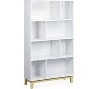 Alice's Home - Bibliothèque scandinave Blanche. étagère asymétrique - Floki - Pieds en Bois de Sapin. 4 étagères. 8 Compartiments. 80x30x138cm