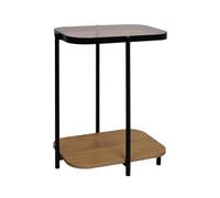 sweeek - Bout de canapé Vintage en métal Noir avec 2 Plateaux (Verre et décor Bois). Bords arrondis