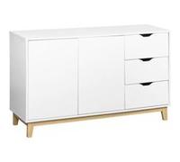 Buffet de rangement blanc. pieds bois - Floki - avec 3 tiroirs. buffet 2 portes. 120x39.5x75 cm