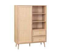 sweeek - Buffet de Rangement cannage et décor Bois. Buffet Haut. vaisselier. 1 Porte. 2 tiroirs. 6 étagères