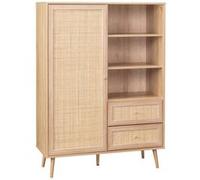 sweeek - Buffet de Rangement cannage et décor Bois. Buffet Haut. vaisselier. 1 Porte. 2 tiroirs. 6 étagères