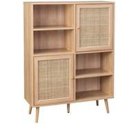 sweeek - Buffet de Rangement cannage et Effet Bois. Buffet Haut. vaisselier. 2 Portes et 2 étagères Style bohème 90cm