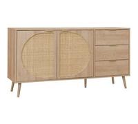 Alice's Home - Buffet de Rangement. Eva. décor Bois et cannage Arrondi. 2 Portes 3 tiroirs. Buffet Bas. L 150 x l 39 x H 79cm