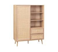 sweeek - Buffet de Rangement cannage et décor Bois. Buffet Haut. vaisselier. 1 Porte. 2 tiroirs. 6 étagères