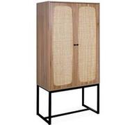 sweeek - Buffet rétro décor Bois foncé et cannage 2 Portes avec Pieds en métal Noir H165cm