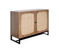 sweeek Buffet rétro décor bois foncé et cannage buffet haut vaisselier 2 portes avec pieds en métal noir L100cm Naturel