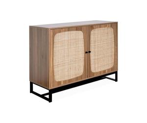 sweeek - Buffet rétro décor Bois foncé et cannage. Buffet Haut. vaisselier. 2 Portes avec Pieds en métal Noir L100cm