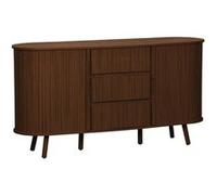 sweeek | Buffet scandinave ovale 2 portes coulissantes 4 compartiments 3 tiroirs effet bois rainuré teinte noyer L 150 x P 40 x H 79cm G