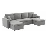 Alice's Home - Canapé panoramique Convertible en Tissu Gris Clair. 4 Places. Coffre Rangement. lit modulable