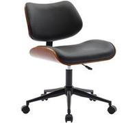 Chaise de bureau à roulettes décor bois courbé placage effet noyer et simili cuir noir