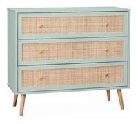 Commode en décor bois vert céladon et cannage 90x39x79cm - Bohème - 3 tiroirs