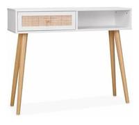 Console en cannage 100x29x81cm Bohème Blanche 1 tiroir 1 espace de rangement pieds scandinaves décor bois et 1 poignée