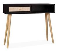 Console en cannage 100x29x81cm - Bohème - Noir. 1 tiroir.1 espace de rangement. pieds scandinaves décor bois. 1 poignée