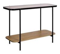 Console vintage en métal noir avec 2 plateaux (verre et décor bois) bords arrondis