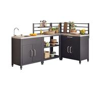 swe uisine extérieure avec 4 modules en acier. meuble avec évier. étagères. tiroirs. rangements