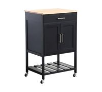 Desserte de cuisine noire BENDOR plateau en bois d'hévéa 56 x 46 x 90 cm 4 roues 1 tiroir 2 étagère 1 double porte style contemporain