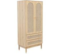 sweeek - Dressing penderie Judith 2 Portes 2 tiroirs cannage. poignées et Pieds Finition dorée. 80 x 50 x 180 cm