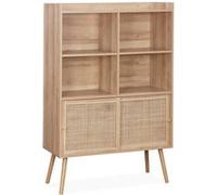 sweeek - Etagère bibliothèque 5 étagères. 2 Portes coulissantes. Effet Bois et cannage