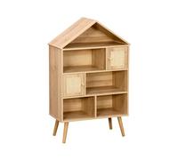 sweeek - Etagère bibliothèque décor Bois. Pieds en pin. 7 Compartiments et 2 Portes en cannage