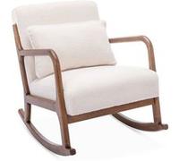 Fauteuil à bascule design en bois et tissu. bouclettes blanches. structure hévéa teinté noyer clair