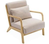 Fauteuil design en bois et tissu 1 place droit fixe pieds compas scandinave structure en bois solide assise confortable beige