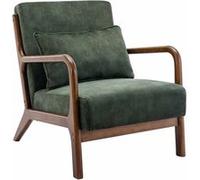 sweeek | Fauteuil en velours kaki foncé pieds bois d'hévéa teinté noyer clair 1 place droit fixe pieds compas scandinave Kaki foncé G
