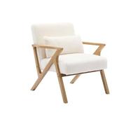 sweeek - Fauteuil scandinave Bois d'hévéa et Tissu Effet Fausse Fourrure Blanc crème