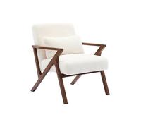 Fauteuil scandinave bois d'hévéa teinté noyer et tissu effet fausse fourrure