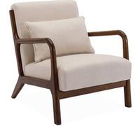 Fauteuil tissu beige pieds bois d'hévéa teinté noyer 1 place droit fixe pieds compas scandinave structure en bois solide