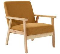 Fauteuil vintage / scandinave structure en bois et contreplaqué et assise en velours côtelé coloris moutarde