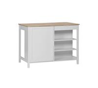 sweeek - Îlot Central de Cuisine MOLENE. Plateau en Bois d'hévéa. 120x75cm. Blanc. 5 étagères. 1 Porte. 1 tiroir. L 120 x P 75 x H 90cm