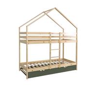 sweeek - Lit Enfant superposé cabane 90 x 190 cm pin Naturel avec sommier et tiroir Vert - Roya