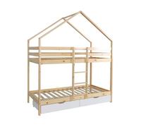 sweeek - Lit Enfant superposé cabane 90 x 190 cm pin Naturel sommier à Lattes et tiroirs Blanc - Roya