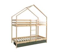 sweeek - Lit Enfant superposé cabane 90 x 190 cm pin Naturel sommier à Lattes et tiroirs Vert - Roya