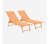 sweeek - Lot de 2 Bains de Soleil Acier textilène inclinable 4 Positions Tropea Orange. 165 x 54.5 x 82.5 cm