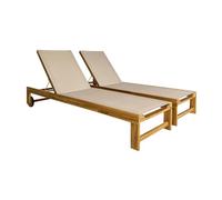 sweeek - Lot de 2 Bains de Soleil en Bois d'acacia et textilène Beige. Multi Positions avec roulettes