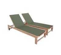 sweeek - Lot de 2 Bains de Soleil en Bois d'acacia et textilène Kaki. Multi Positions avec roulettes