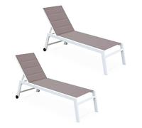 sweeek - Lot de 2 Bains de Soleil Solis en textilène matelassé. transats 6 Positions. Structure Blanc. textilène Taupe