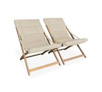 sweeek - Lot de 2 chiliennes Beige en Bois. Pliables. Assise rembourrée