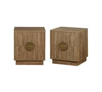 sweeek - Lot de 2 Tables de Chevet 2 tiroirs Effet Bois de manguier rainuré. poignées en métal doré. L42 x P38 x H50cm