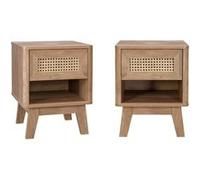 Lot de 2 tables de chevet avec 1 tiroir et 1 niche effet bois et cannage pieds eucalyptus