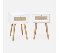 sweeek - Lot de 2 Tables de Chevet décor Bois Blanc et cannage avec 1 tiroir