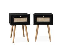 sweeek - Lot de 2 Tables de Chevet décor Bois Noir et cannage avec 1 tiroir